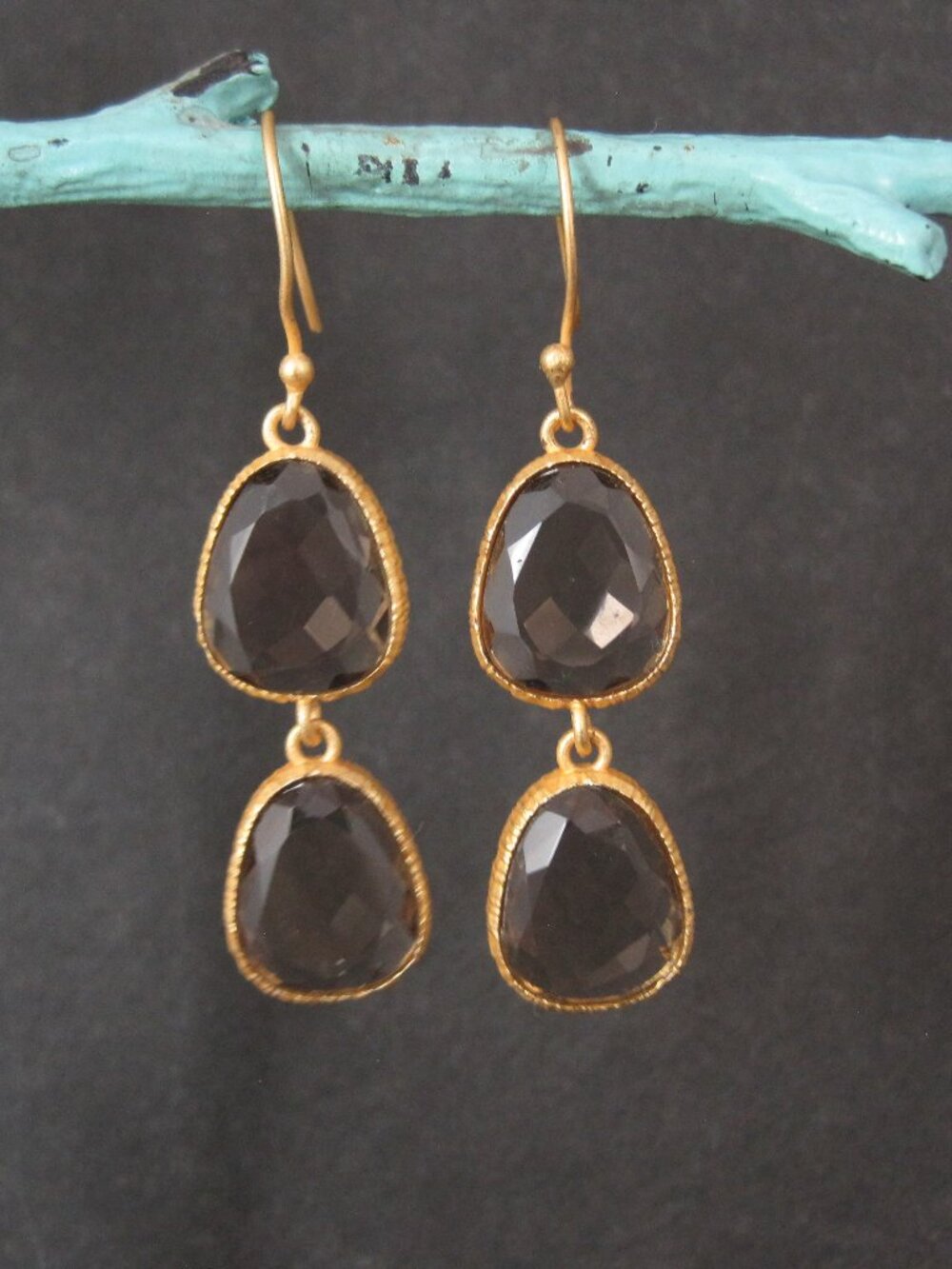 Long Brushed Gold Vermeil over Sterling Silver Earrings with Brown Stones